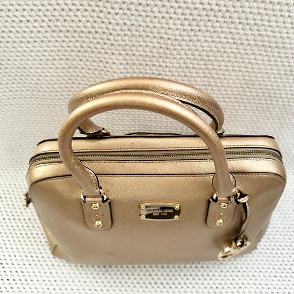 Michael Kors Cindy Gold Metallic Saffiano Leather Dome Shaped Top Handle Satchel - Picture 6 of 13